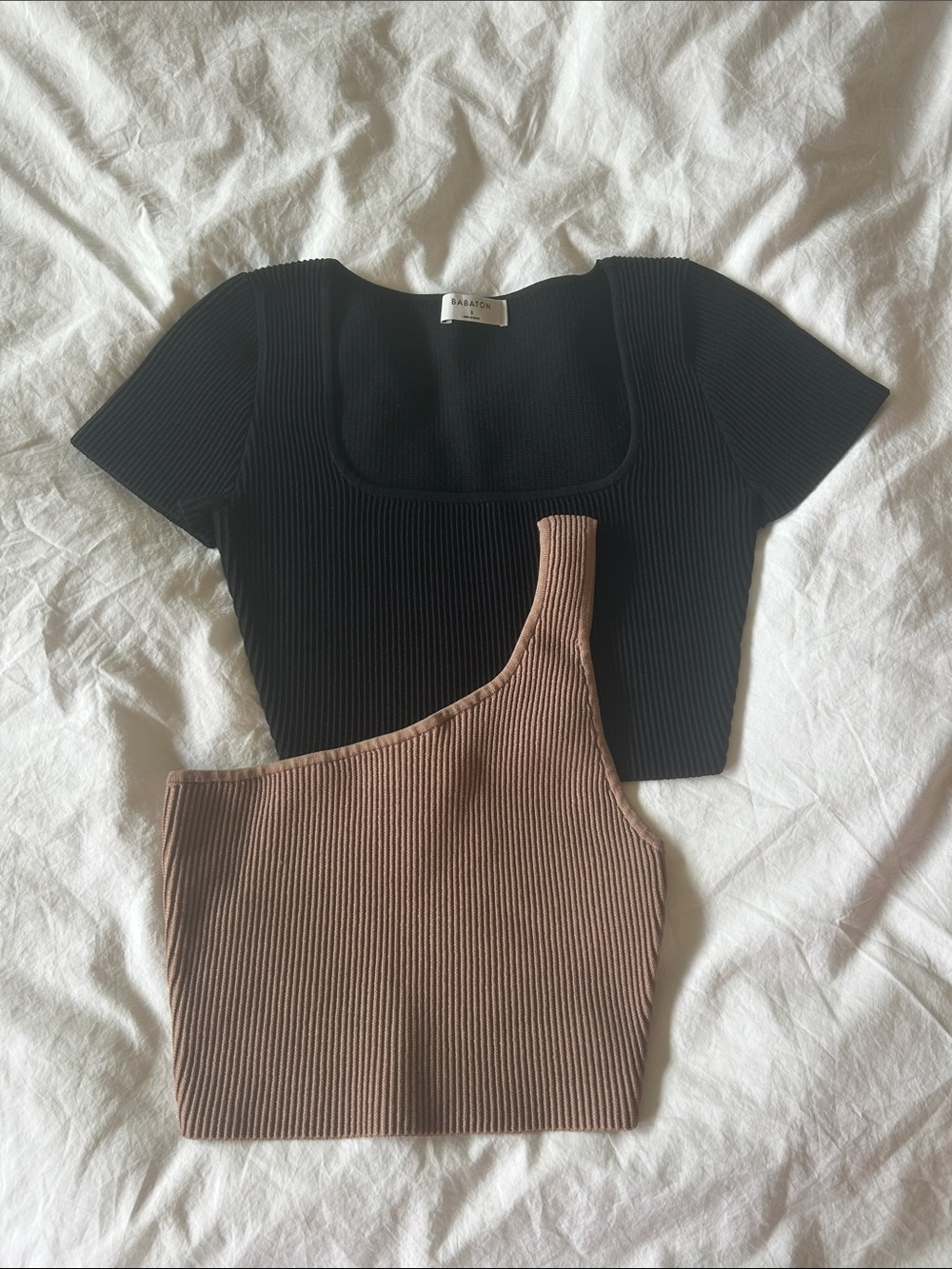 Babaton Sculpt Knit Ribbed One Shoulder Crop Top & Short Sleeve Crop Set of 2